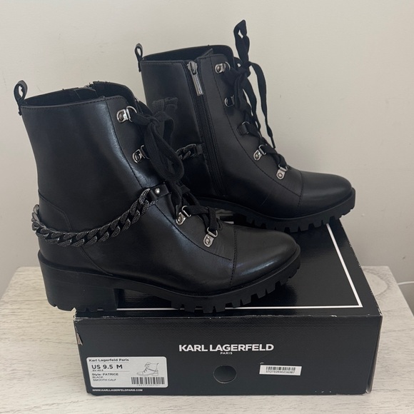 Karl Lagerfeld Black Leather Boots with Chain Accent - Picture 2 of 4